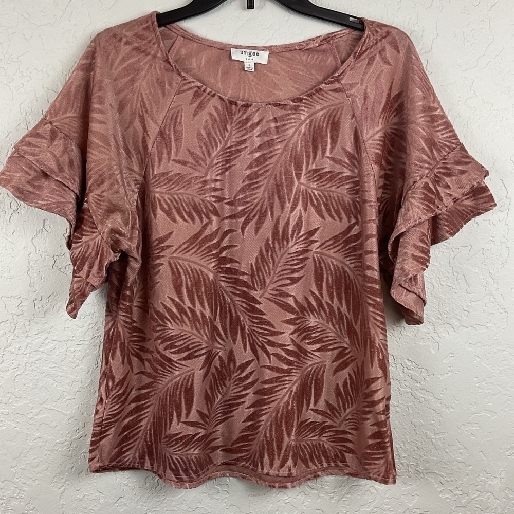 Women’s Umgee Dusty Rose Pink Ruffle Sleeve Leaf Design Velvet Top Size Small